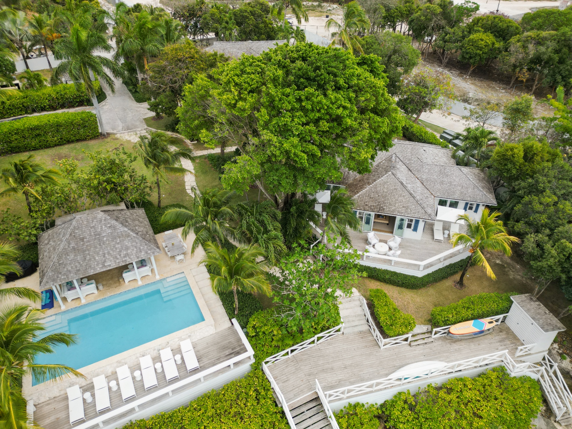 Aerial view of Harbour View Cottages at golden hour